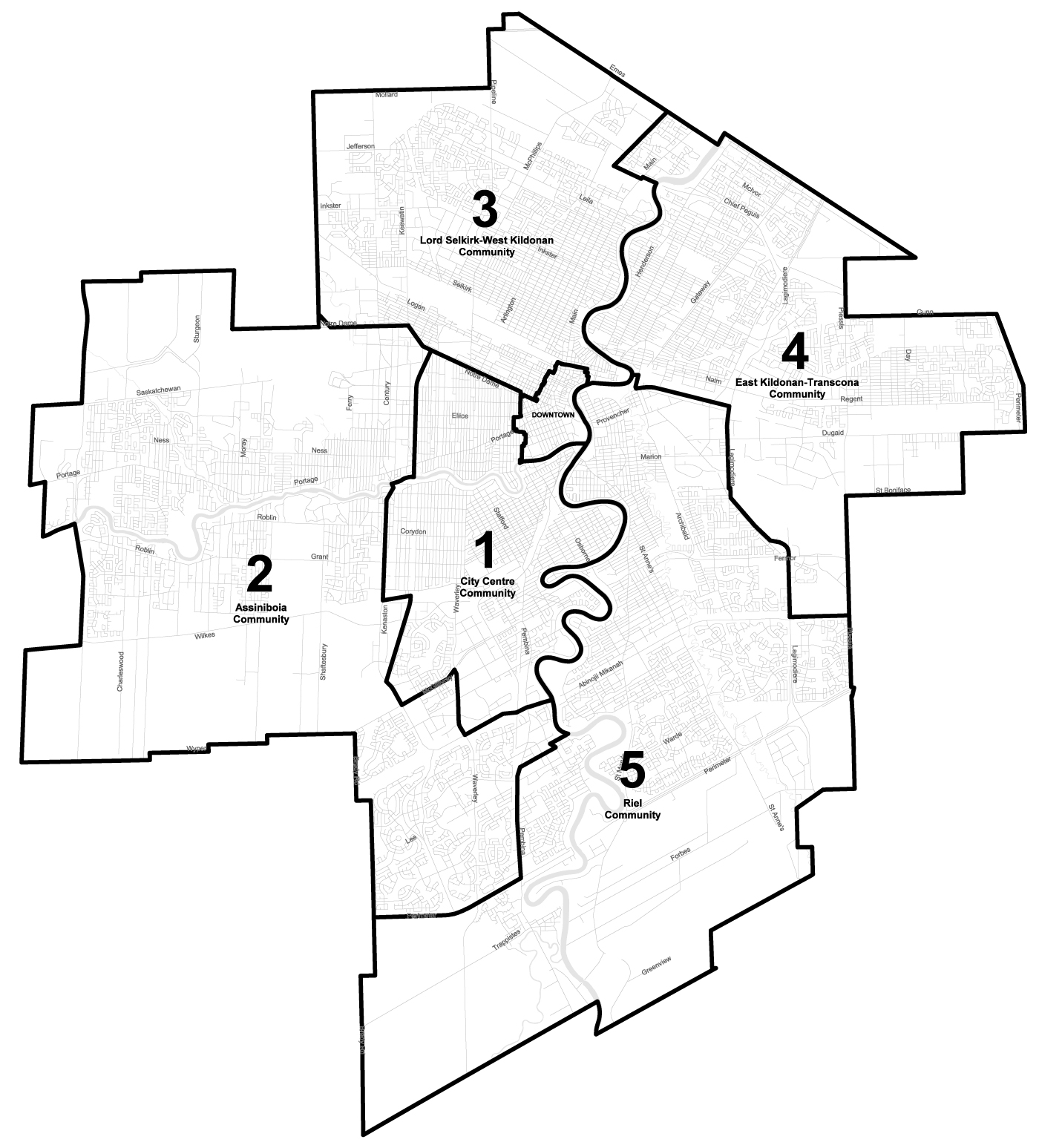 Map of the district planner areas in Winnipeg