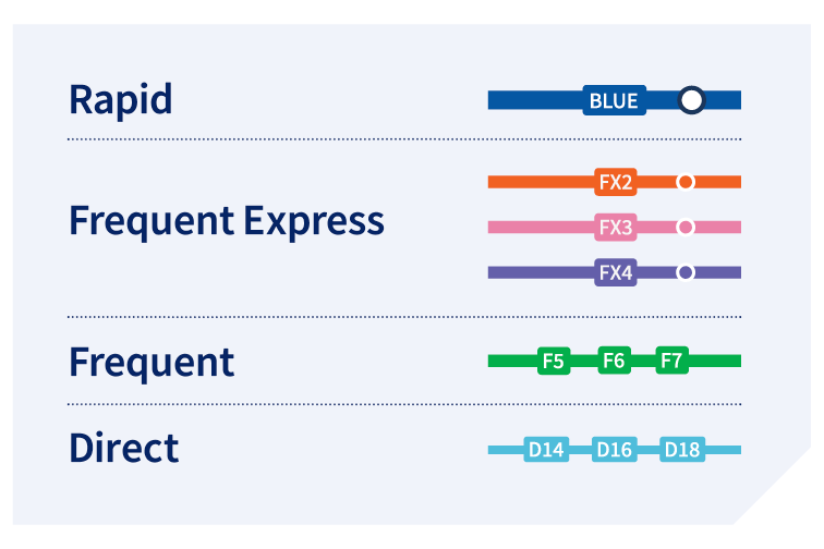 Graphic showing Primary Line types (rapid, frequent express, frequent and direct)