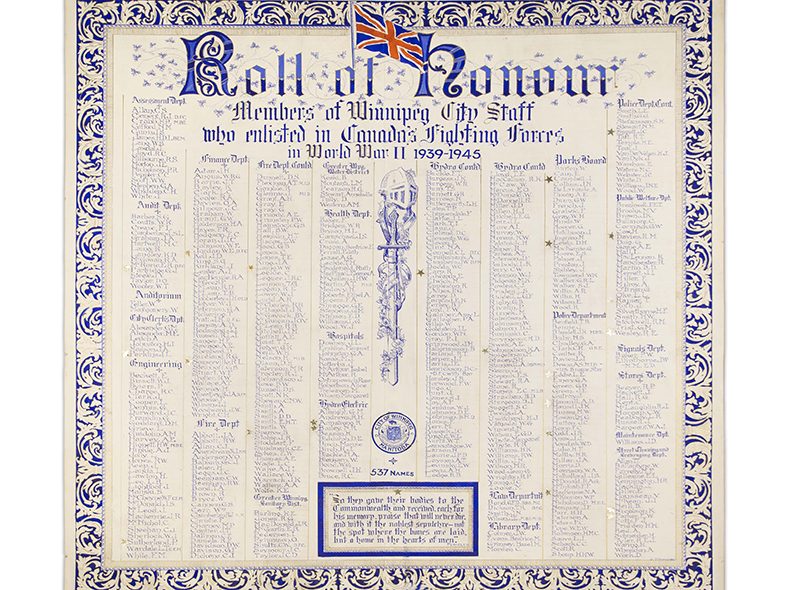 The Honour Roll of City of Winnipeg employees who Enlisted in Canada's Fighting Forces in the Second World War.