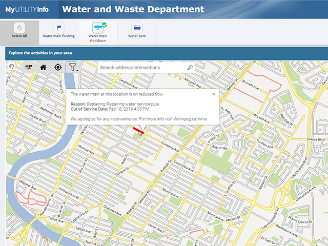 Screenshot of MyUtilityInfo website with map showing water main activity information