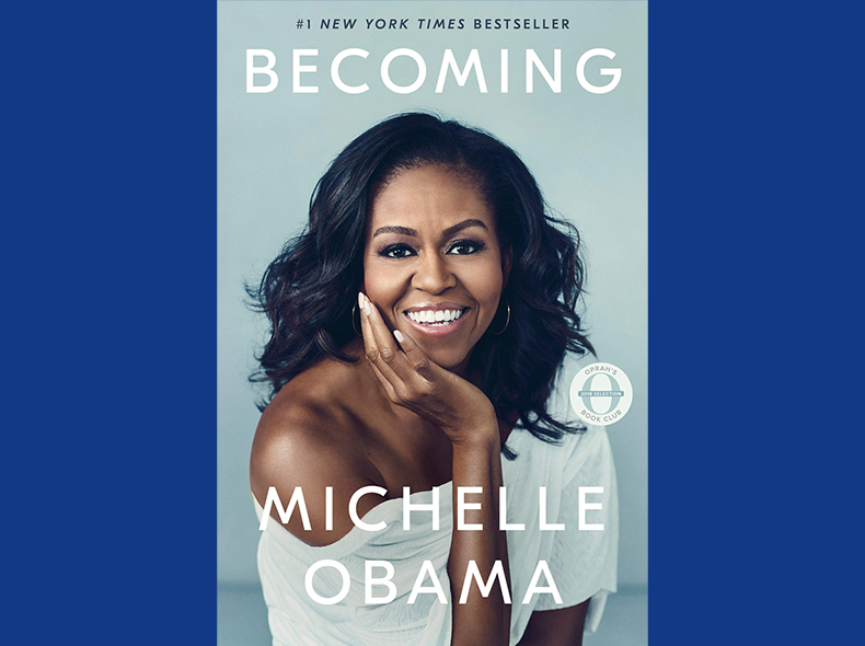 Image of Michelle Obama with title of her book above her head and her name below her picture