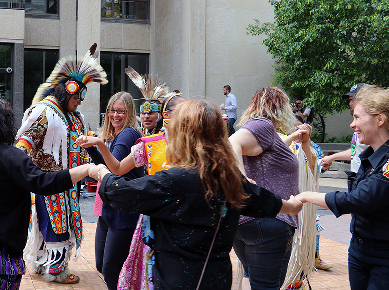 People dancing at the National Indigenous Peoples Day event for City of Winnipeg employees in 2019