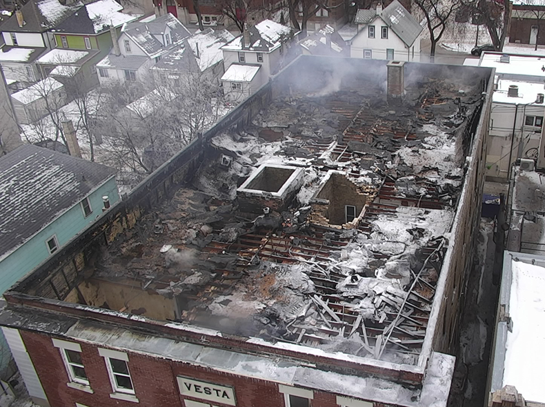 Overhead image of apartment block fire on Agnes Street by a drone