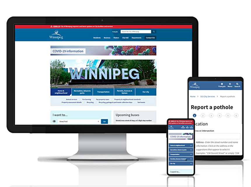 The new Winnipeg.ca is featured on desktop, tablet, and mobile devices