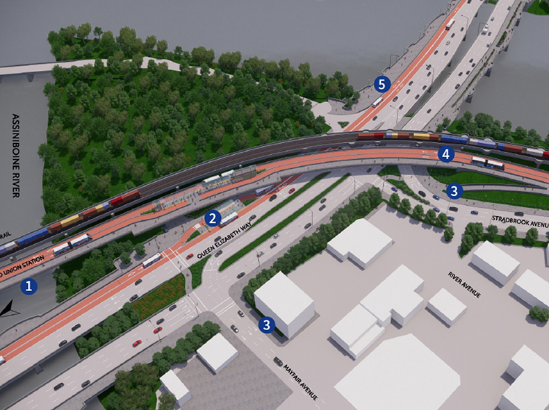 The proposed transit routing through Norwood is shown in an overhead rendering of the Queen Elizabeth Bridge