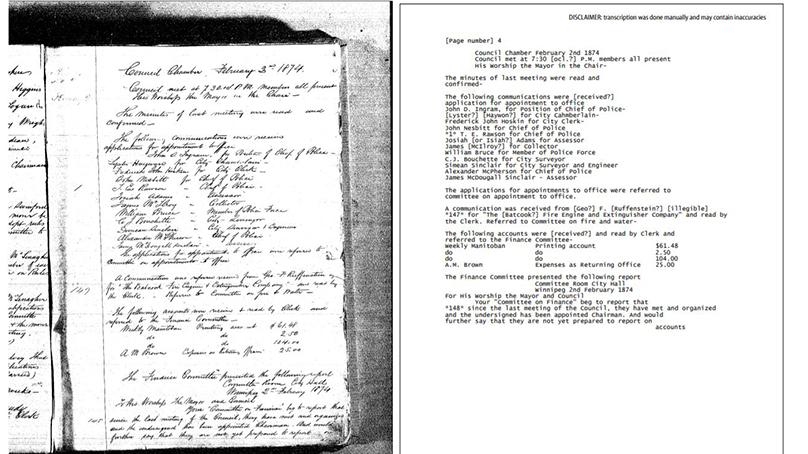 A scanned image of two pages side-by-side. The image on the left is a handwritten page of meeting minutes labelled February 3, 1874. The right side image is a scanned page of a typewritten page from meeting minutes with the same information