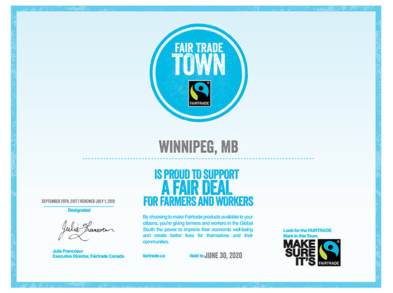 Certificate of Fair Trade Town for Winnipeg, MB