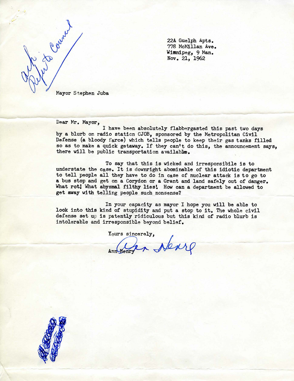 Letter from Ann Henry received as information by City Council, 1962. 