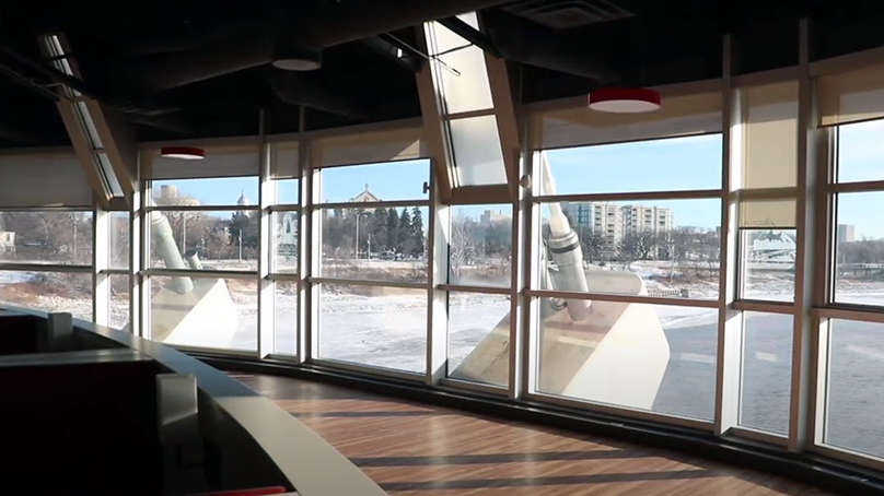 View of frozen Red River from the Esplanade Riel Bridge Interior