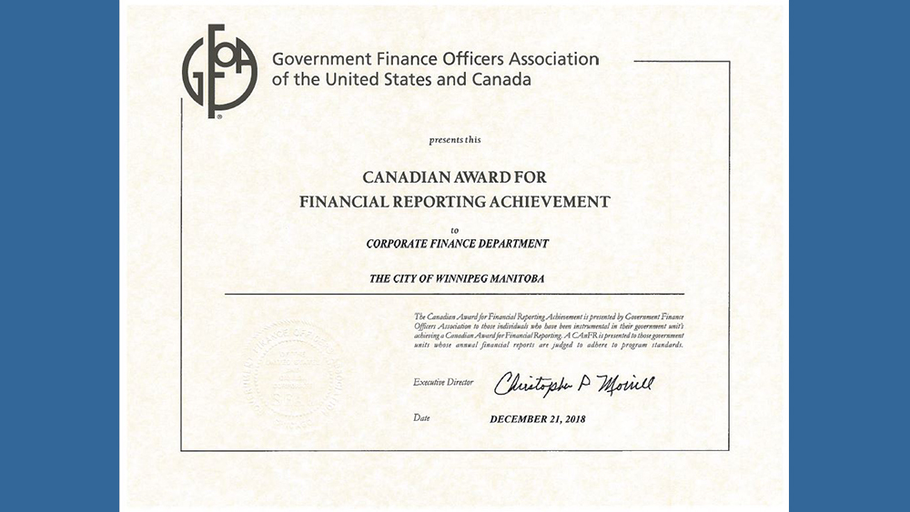  Government Finance Officers Association award certificate presented to the City of Winnipeg for Financial Reporting Achievement.