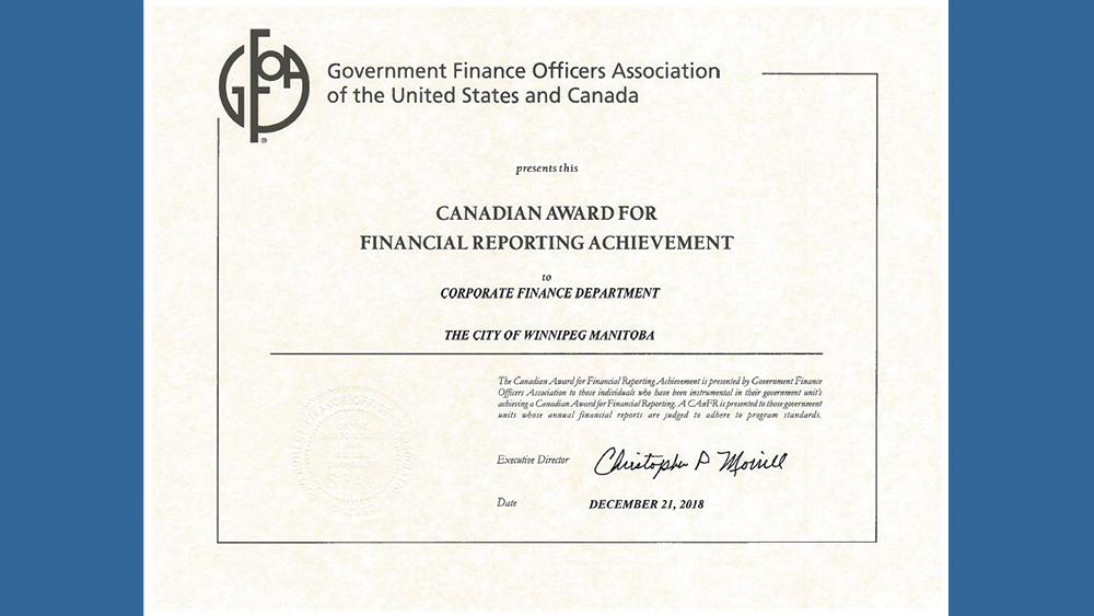 Government Finance Officers Association award certificate presented to the City of Winnipeg for Financial Reporting Achievement.