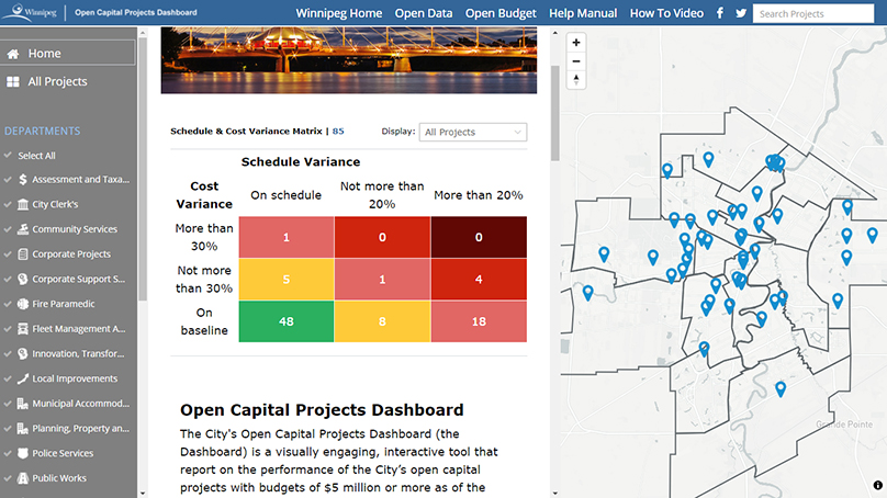 Screen Capture of the City's Open Capital Projects Dashboard, displaying schedule and cost variance for capital projects.