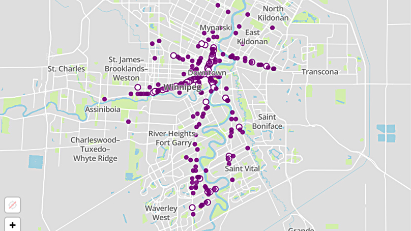 Map from Open Data showing information on Winnipeg Transit Bus Pass-ups