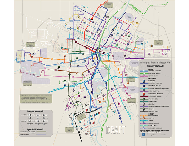 The map shows the proposed full network for future for Winnipeg Transit