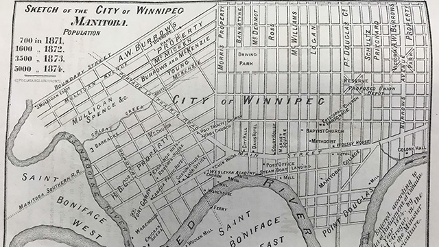 Old map of Winnipeg dating back to the 1870s