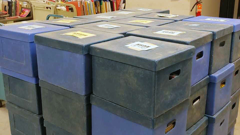 Library books packed in boxes