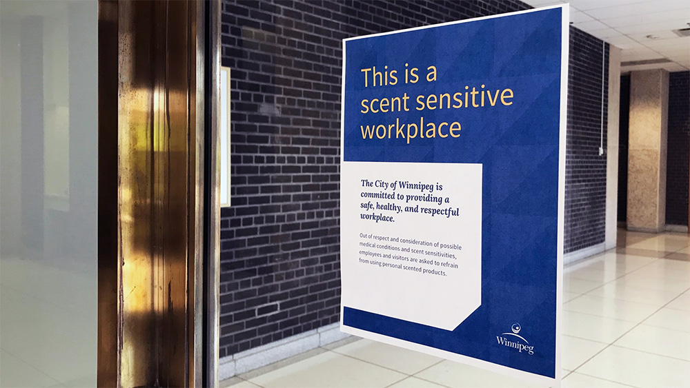 Scent sensitive workplace poster on window of building