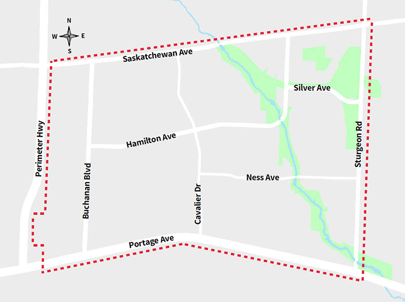 Map of St. James area from Sturgeon Road to the Perimeter Highway