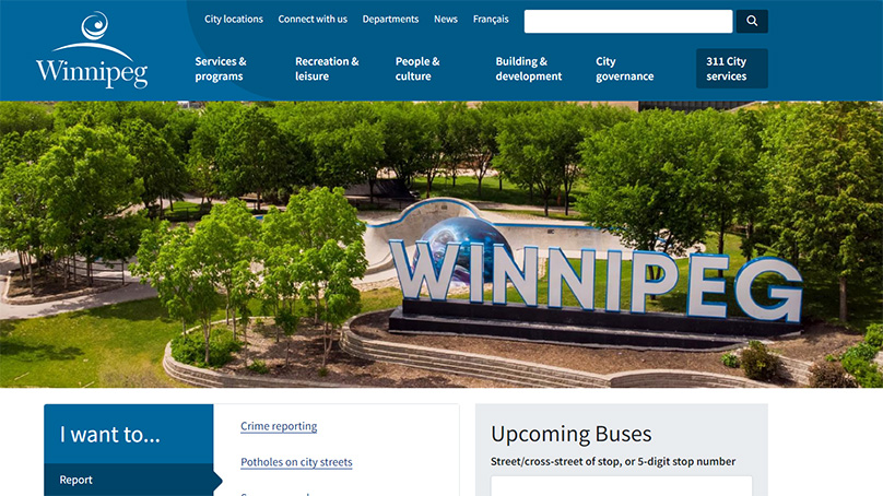 winnipeg.ca landing page with new menu sections service & programs, recreation & leisure, people & culture, building & development, and City governance.