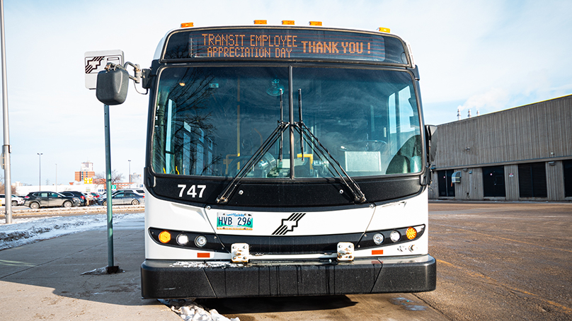 Winnipeg Transit bus with Transit Employee Appreciation Day thank you message on screen