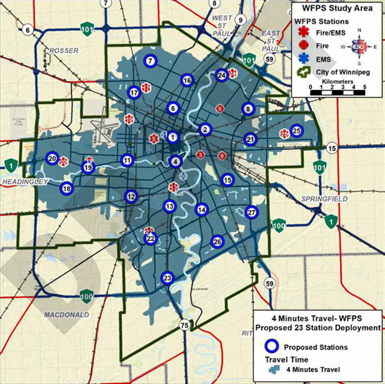 Map of Winnipeg showing proposed 23 station deployment with 4 minute travel time