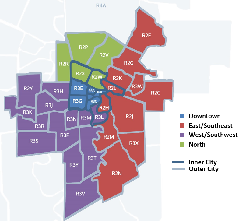 Map of Winnipeg divided by postal code areas using colours to show four quadrants.