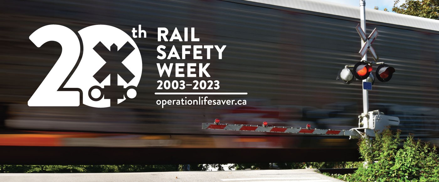 20th Rail Safety Week - OperationLifesaver.ca. An image of a fast moving train at a rail crossing.