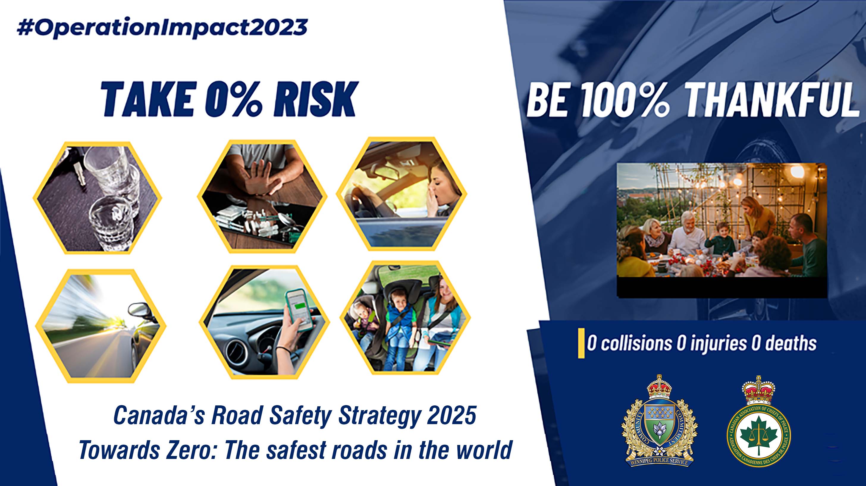 The images reads: Operation Impact 2023. Take 0% risk. Be 100% Thankful. O collisions. ) injuries. 0 deaths. Canadas Road Safety strategy 2025 - Towards Zero: The Safest Roads in the world. 