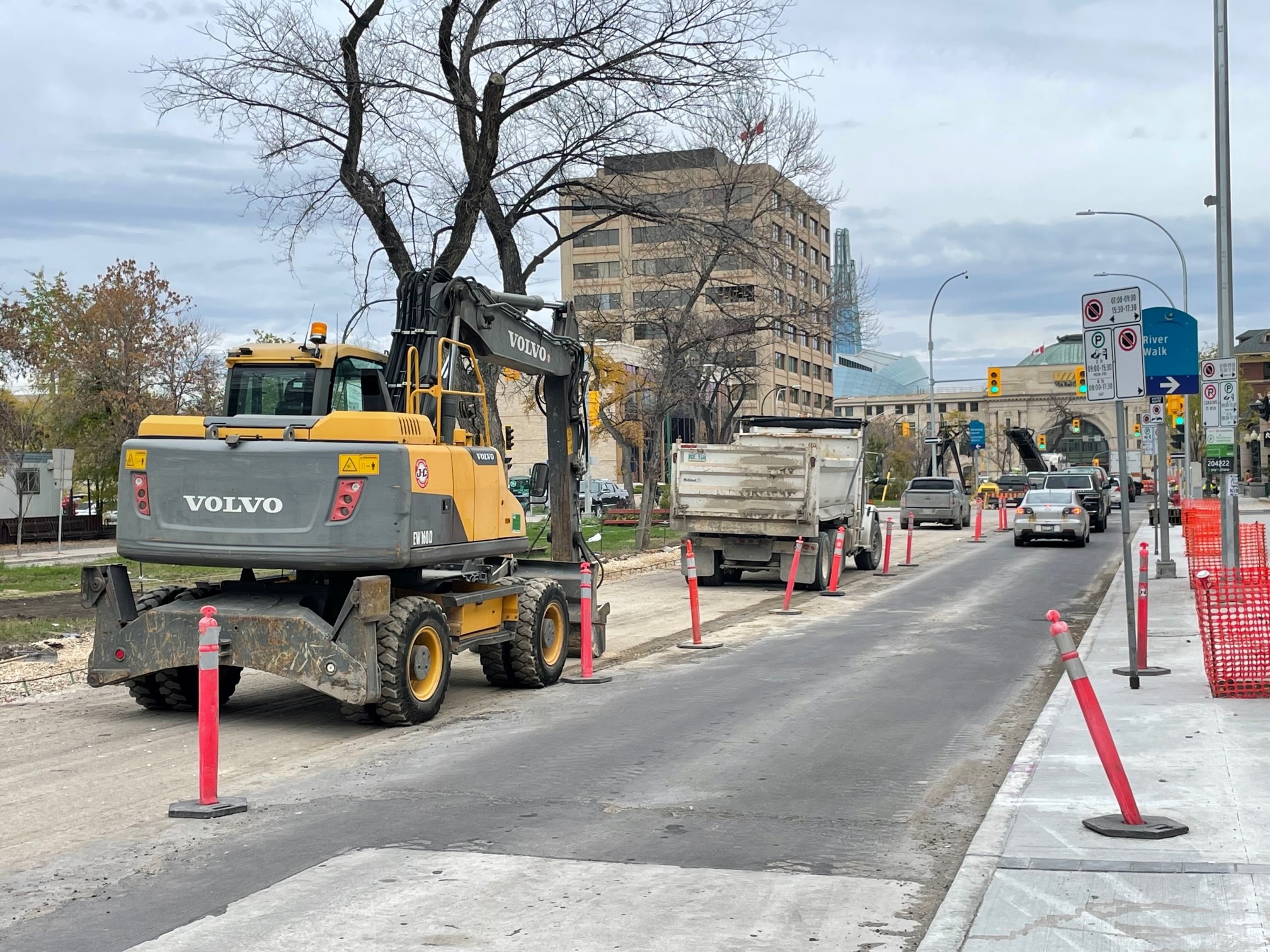 Construction crews work on Broadway in the late fall.