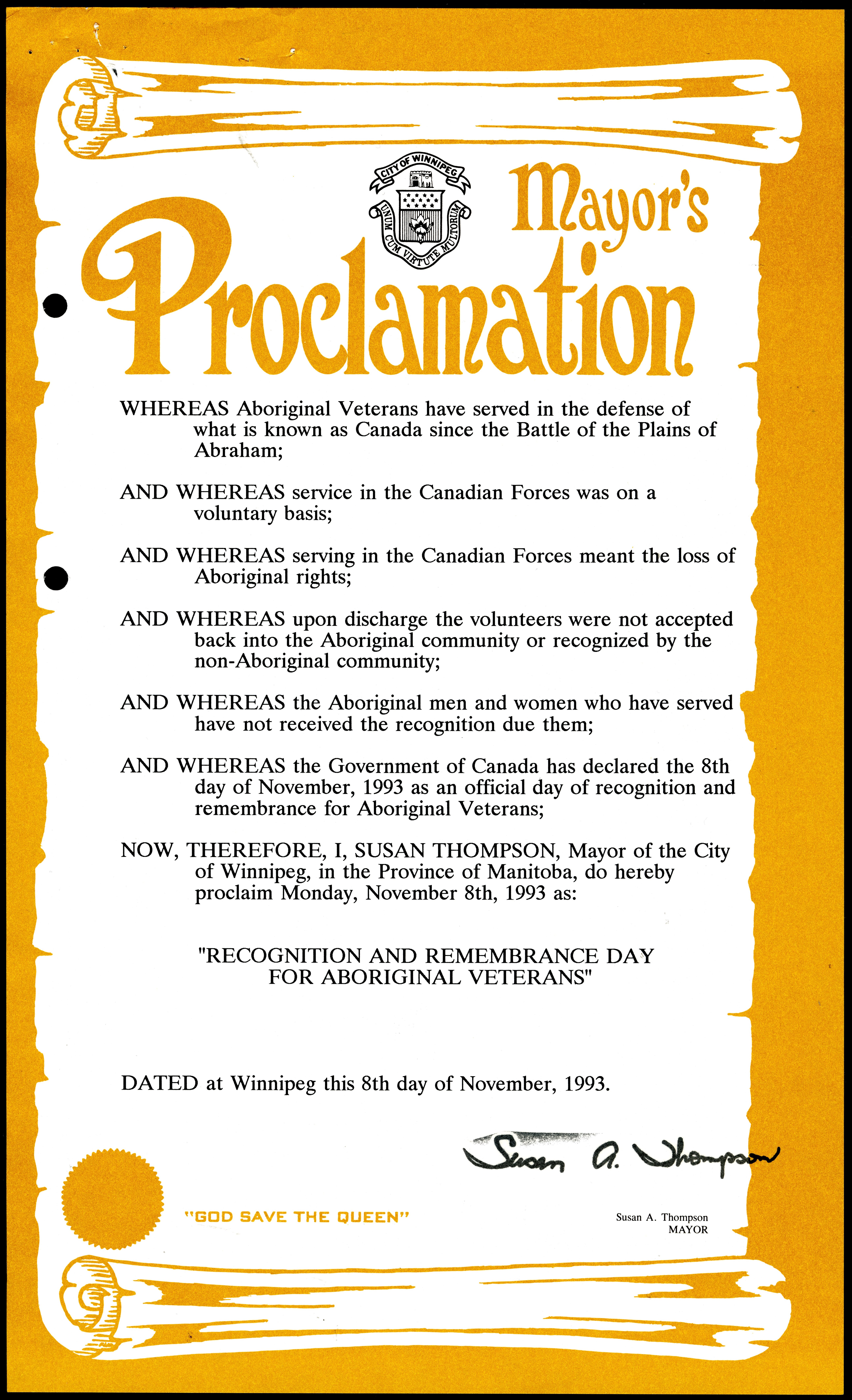 A 1993 Mayor's Proclamation announces "Recognition and Remembrance Day for Aboriginal Veterans"