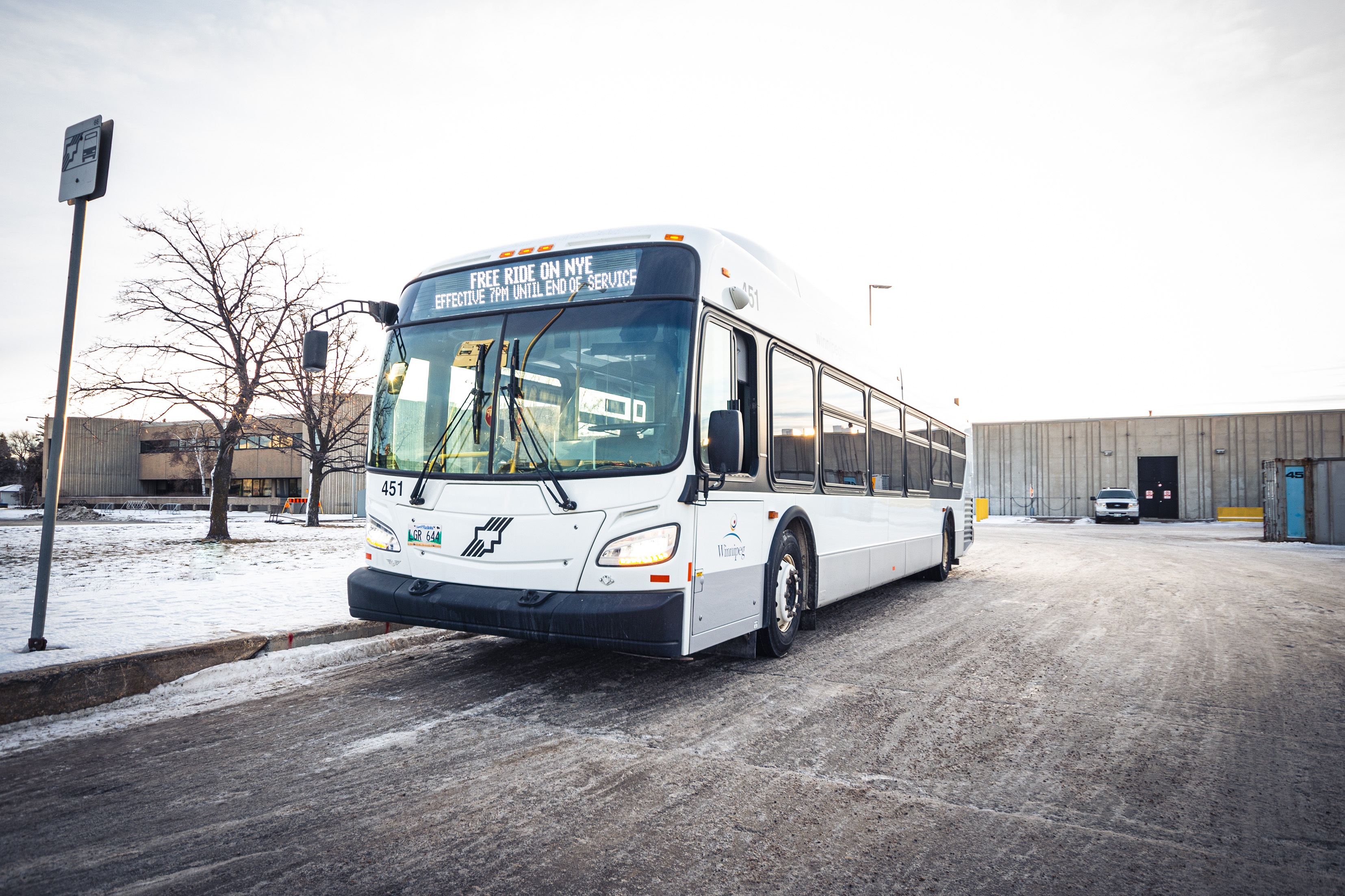 A Winnipeg Transit bus advertises free rides for New Year's Eve.