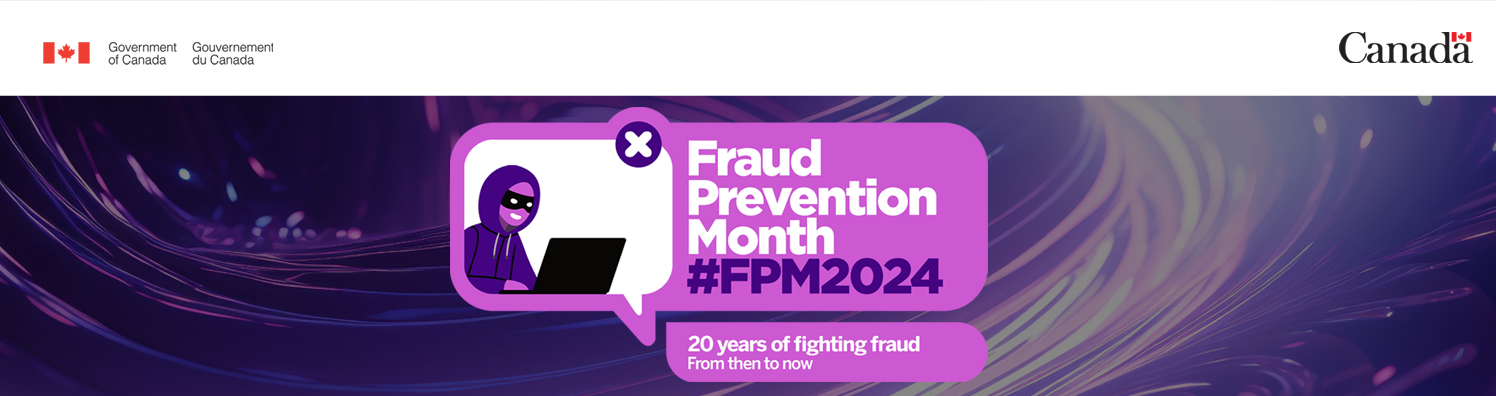 Fraud Prevention Month 2024. 20 years of fighting fraud from then to now. Sketch of a fraudster at a computer.