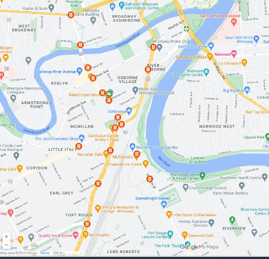 A map of various locations in the Osborne Village area.