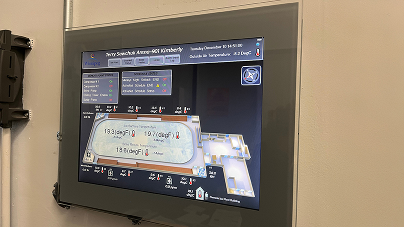 Ice temperatures and other various functions are displayed on a control panel inside Terry Sawchuk Arena.