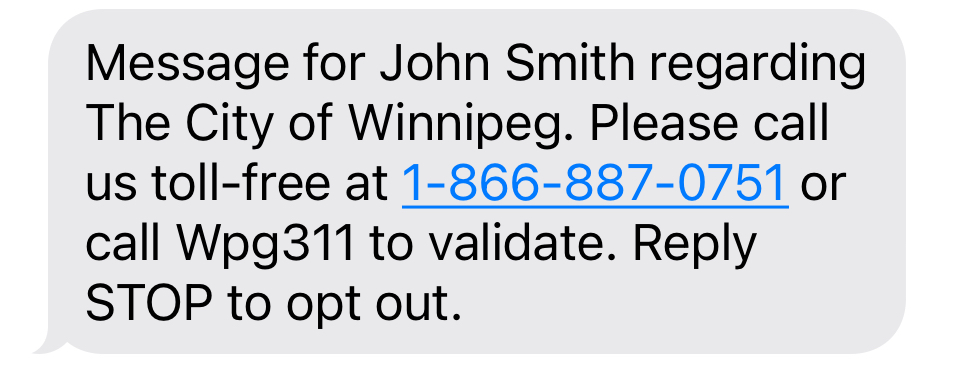 Sample text message sent to remind people about unpaid tickets.