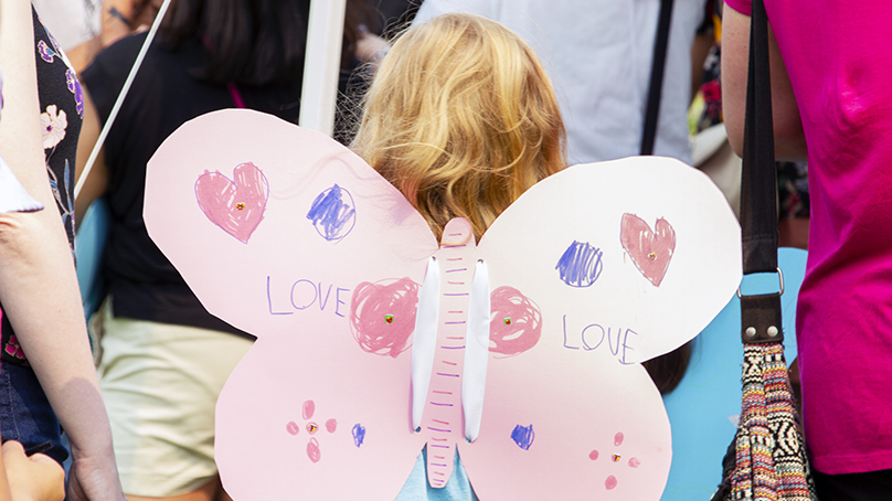 Child with homemade butterfly wings on