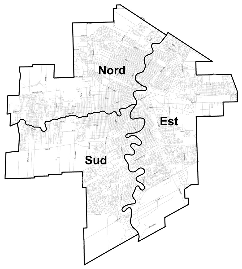 Zones d'inspection des logements. L'est correspond à toute propriété située à l'est de la rivière Rouge. Le nord correspond à toute propriété située au nord de la rivière Assiniboine. Le sud correspond à toute propriété située au sud de la rivière Assiniboine.