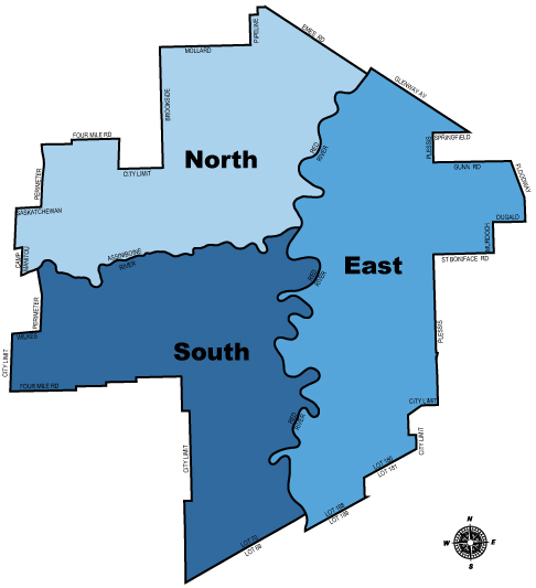 Housing inspection areas. East is any property located east of the Red River. North is any property located north of the Assiniboine River. South is any property located south of the Assiniboine River.