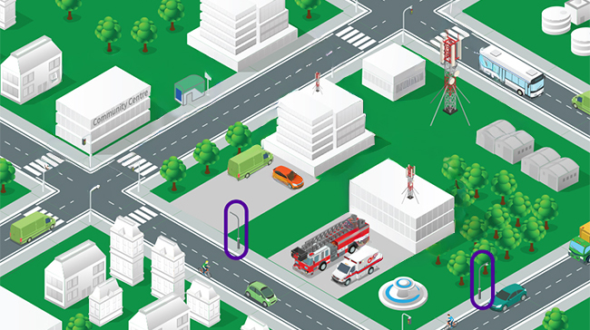 Cell towers in Winnipeg – Illustrated City map showing an intersection with roads, vehicles, and buildings. Purpal ovals highlight Manitoba Hydro infrastructure. 