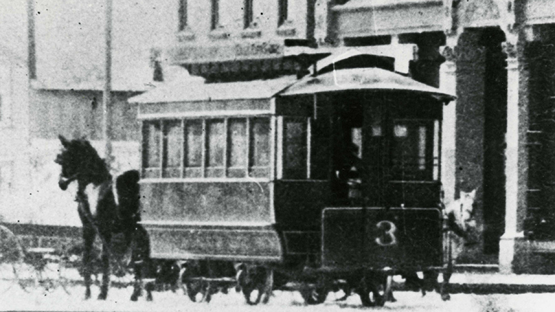 black and white image of a horsecar in 1888