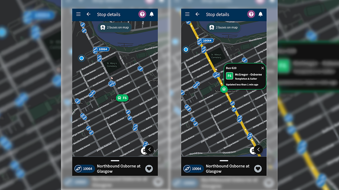Screen captures showing bus locations on a map.