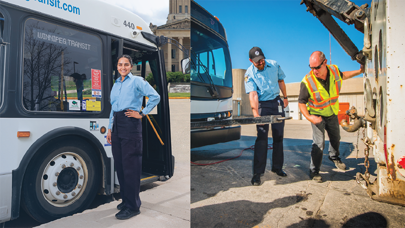 Person standing beside a bus, person hooking up a bus to a tow truck