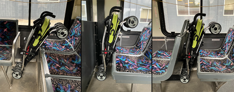 A folded stroller is shown stowed in three different places on a bus