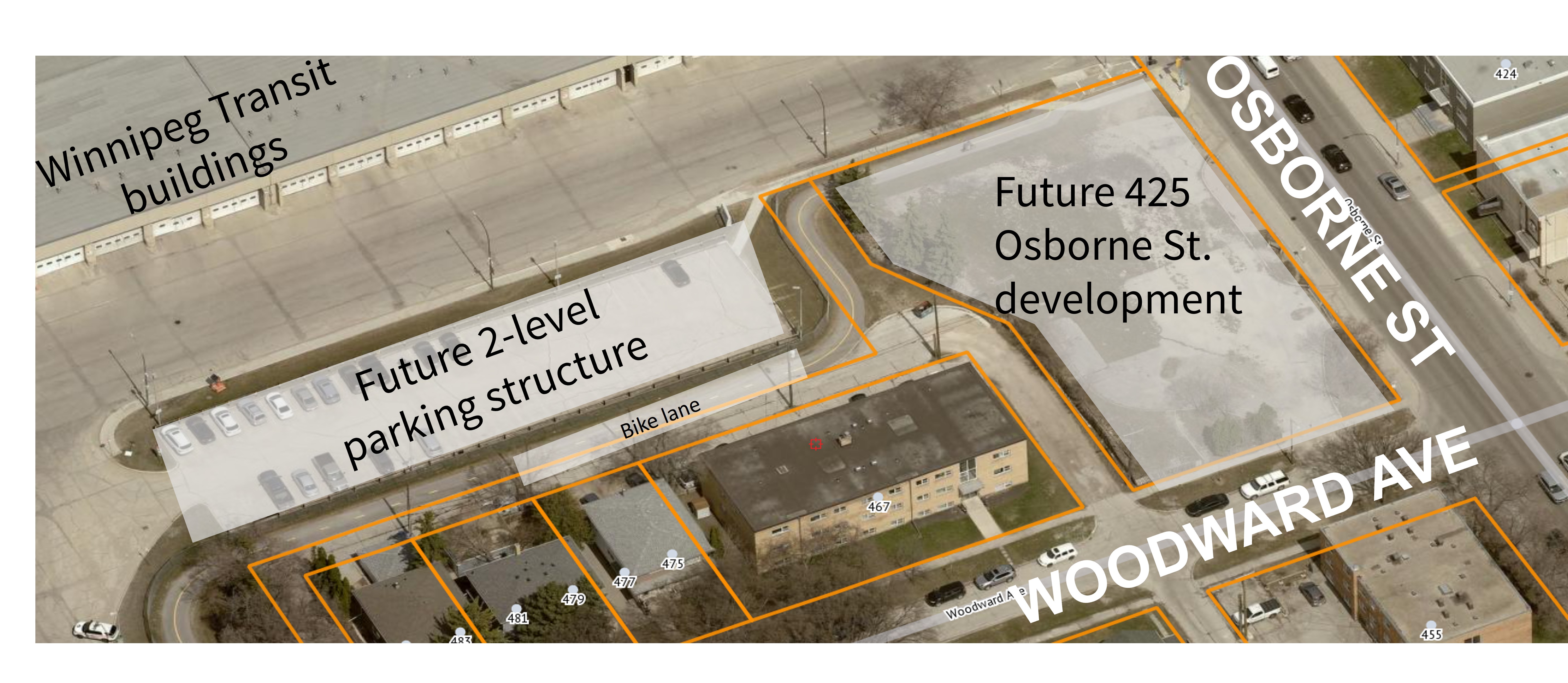 Map of 425 Osborne at the corner of Osborne Street and Woodward Avenue, just south of the Winnipeg Transit property. The footprint of the building is on a currently vacant lot. To the west of 425 Osborne Street is 421 Osborne Street, currently a parking lot, which will have a two-level parking structure.