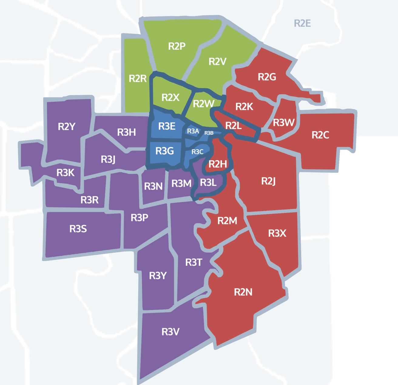 Map of Winnipeg divided by postal code areas using colours to show four quadrants.