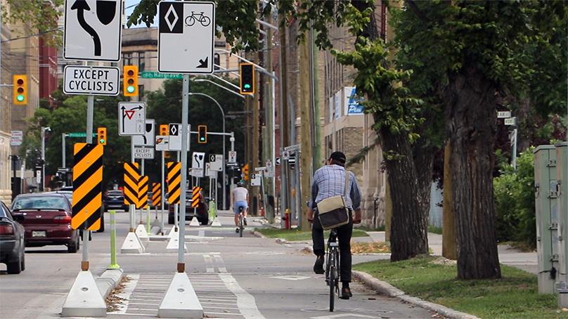 Cyclists riding in a bike lane