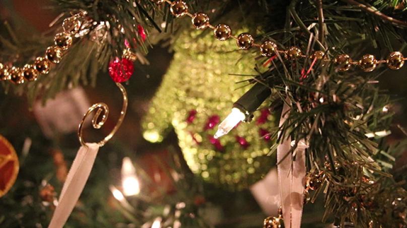 String lights hung inside a decorated christmas tree