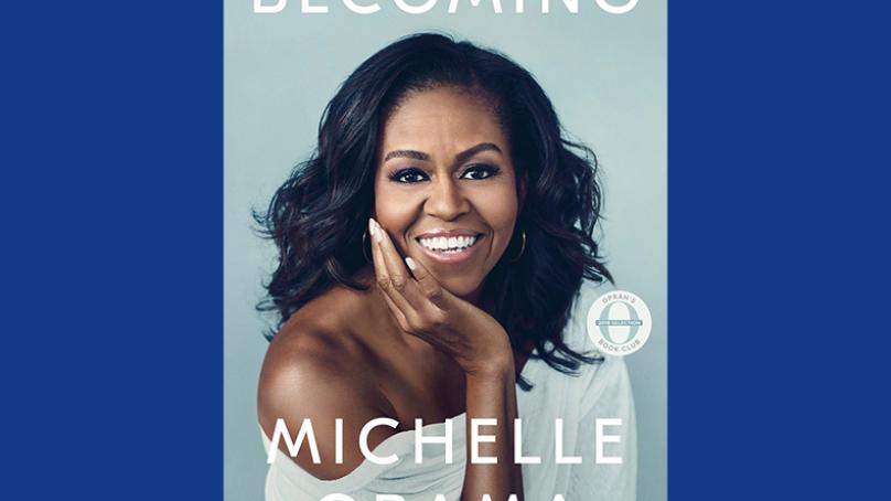 Image of Michelle Obama with title of her book above her head and her name below her picture