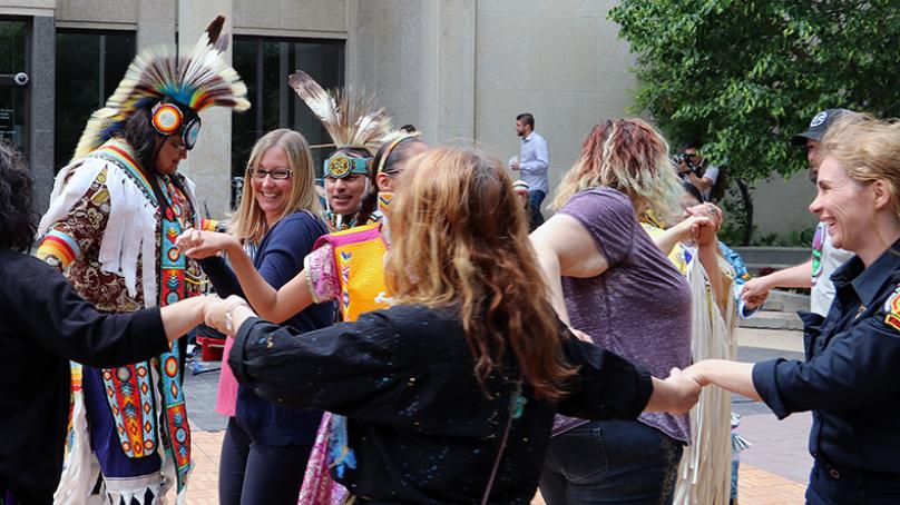 People dancing at the National Indigenous Peoples Day event for City of Winnipeg employees in 2019