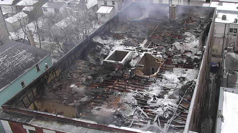 Overhead image of apartment block fire on Agnes Street by a drone